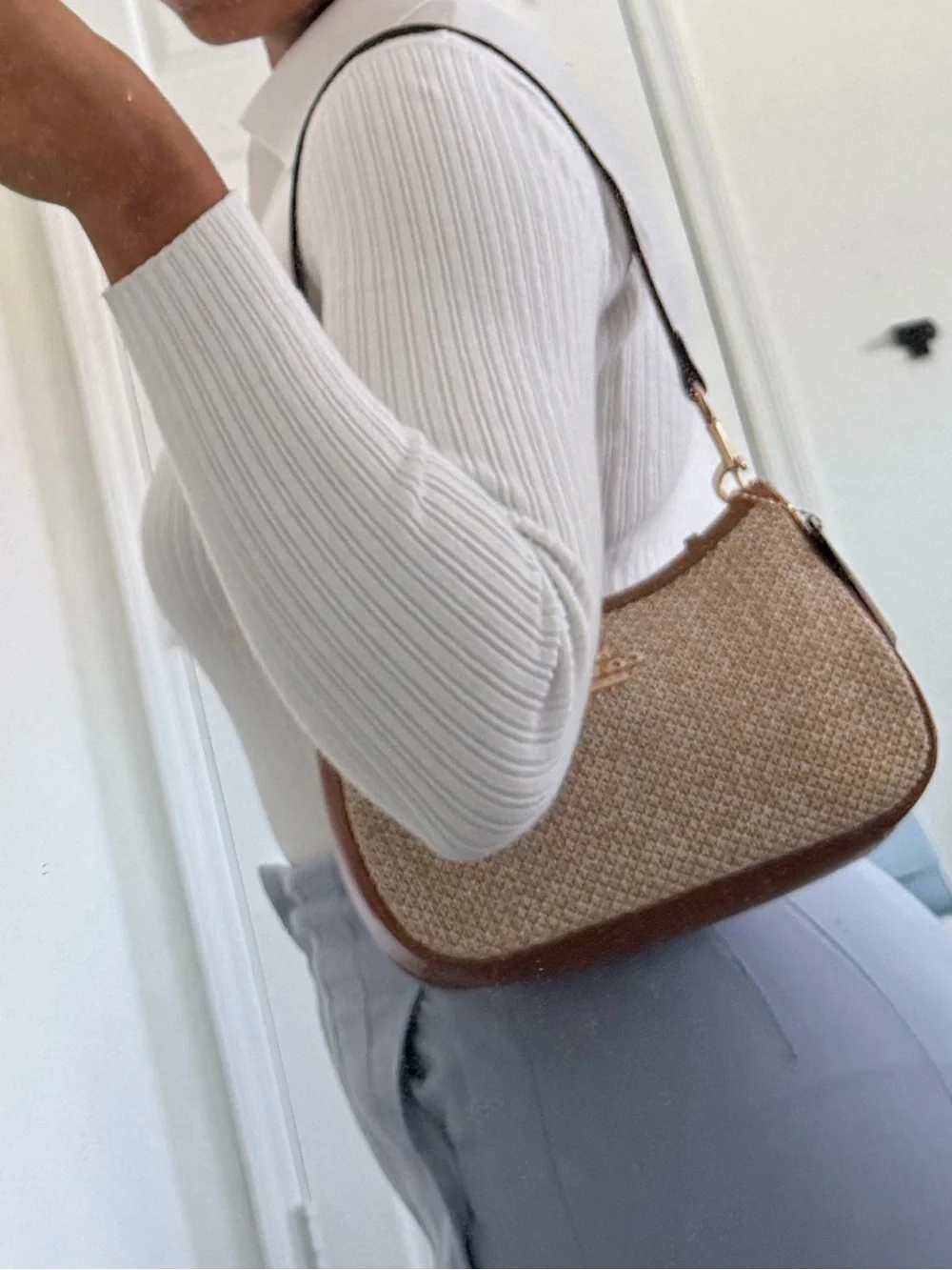 Coach Woven Straw Shoulder Bag with Brown Trim